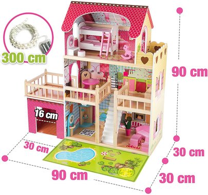 Дървена къща за кукли  Kinderplay Green GS0020 с Led светлини мебели 3 етажа къща за барби