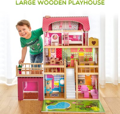 Дървена къща за кукли  Kinderplay Green GS0020 с Led светлини мебели 3 етажа къща за барби