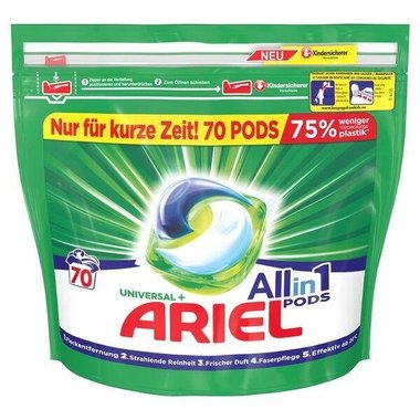 Промо пакет 2 бр. Капсули Ariel All in One Pods Universal, 70 изпирания, общо 140 капсули, внос от Германия