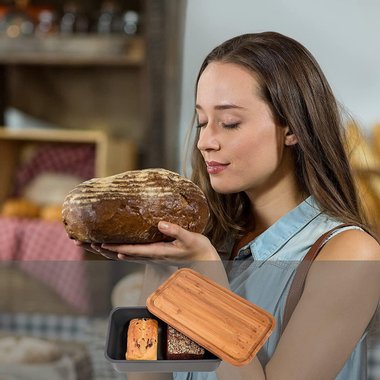 Minuma® Кутия за хляб от бамбукови влакна с капак - бамбукова дъска за рязане 42 x 23 x 12 см