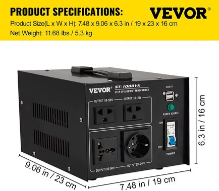 Преобразувател на напрежение VEVOR ST-1000VA 800W трансформатор на напрежение 