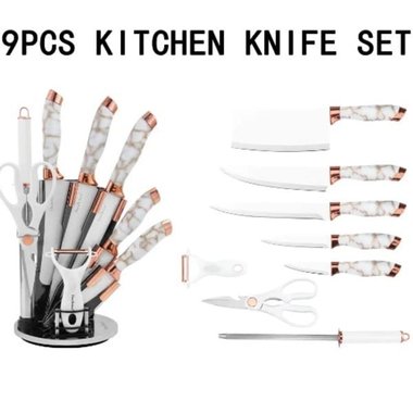 Комплект стоманени ножове на стойка Haus Roland , 8 части, Въртяща се стойка, Точило и ножица, Бял мрамор