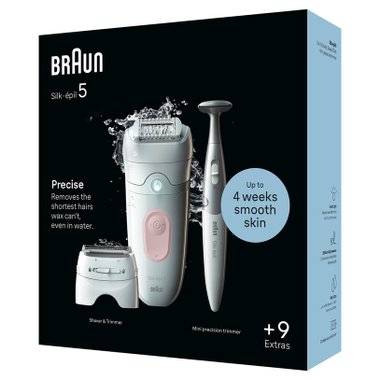 Епилатор BRAUN 5-230  СТЕПЕНИ НА РАБОТА 2, ПРИСТАВКА ЗА ДЕЛИКАТНИ ЗОНИ, БЯЛ