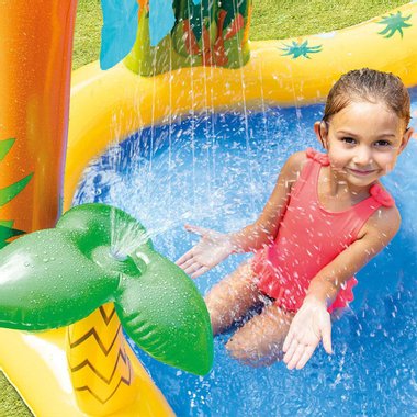 Детски надуваем басейн с пързалка Intex 57444NP Dinosaur Play Center 4в1 Надуваем център водопад  пръскаща палма мини баскетбол