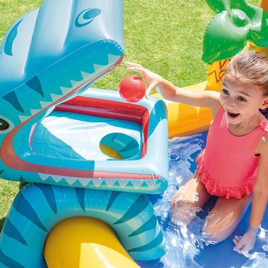 Детски надуваем басейн с пързалка Intex 57444NP Dinosaur Play Center 4в1 Надуваем център водопад  пръскаща палма мини баскетбол