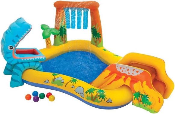Детски надуваем басейн с пързалка Intex 57444NP Dinosaur Play Center 4в1 Надуваем център водопад  пръскаща палма мини баскетбол