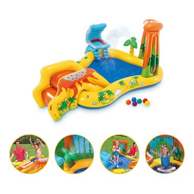 Детски надуваем басейн с пързалка Intex 57444NP Dinosaur Play Center 4в1 Надуваем център водопад  пръскаща палма мини баскетбол