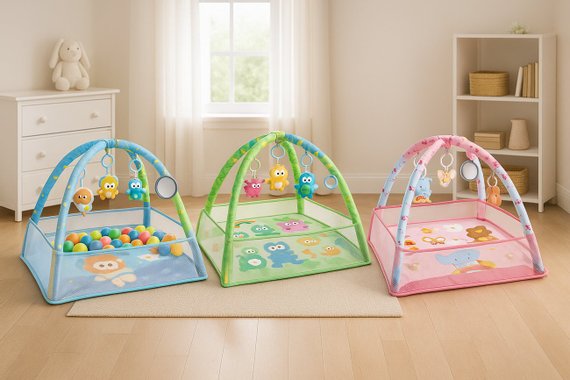 Активна гимнастика за бебе 3 в 1 – постелка и кът за игра с арки + ПОДАРЪК Цветни топки