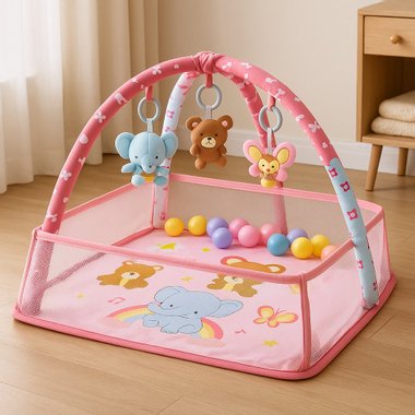 Активна гимнастика за бебе 3 в 1 – постелка и кът за игра с арки + ПОДАРЪК Цветни топки
