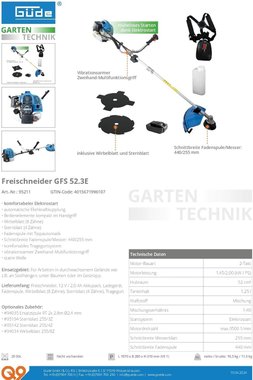Бензинов тример Gude GFS 52.3 9500rpm 52 см³ Бензинова косачка Тример за трева с 2 ножа и корда