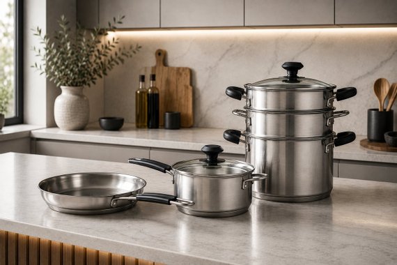 Комплект съдове за готвене BergHOFF Teka Kuppersbusch Cookware set 7 части тиган касерола тенджера кошници на пара