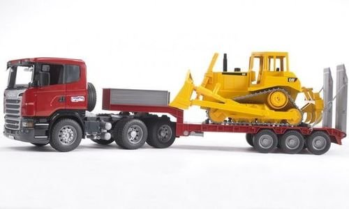 Камион Scania с ремарке и булдозер CAT Bruder 0355