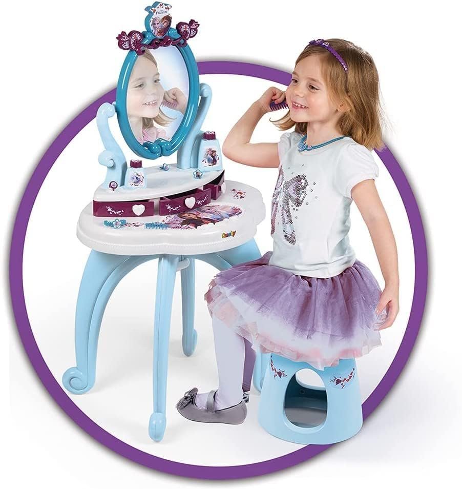 Детска тоалетка Smoby the Disney Frozen 2 320233 Elsa and Anna Детска масичка Тоалетка със стол и огледало 10 аксесоара Тоалетка за разкрасяване